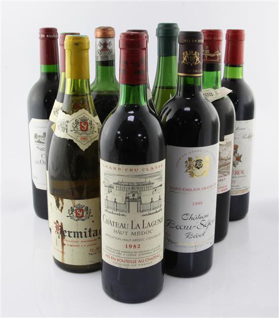 Eight bottles of assorted red wines and two white wines including Chateau Le Bon Pasteur, 1982 and Vouvray Marc Bredif, 1964,